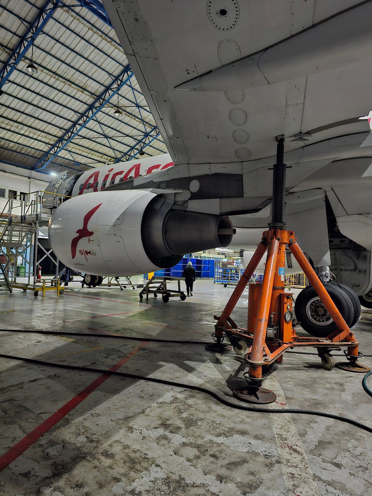Engine and landing gear during aircraft maintenance